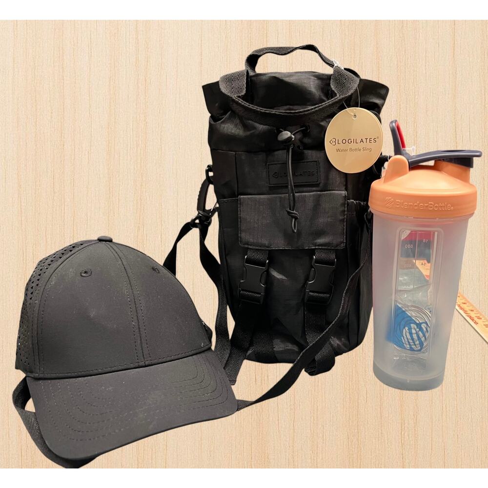 Blogilates Water Bottle Sling Set Black Ponytail Cap Shaker Bottle Gym Bundle